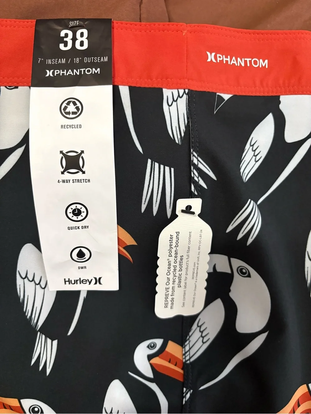 Hurley Men’s Black Toucan Board Shorts with Red Waistband and Orange Beaks